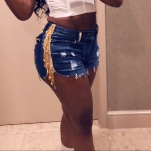 Rhinestone fringe denim shorts